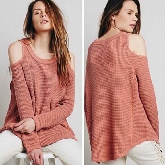Free People Sunrise Cold Shoulder Waffle Sweater Coral XSmall XS Scoop Neck Knit - Picture 12 of 12
